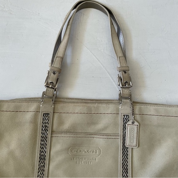 COACH LG FINEST IVORY SUEDE LEATHER BEADED GALLERY TOTE BAG PURSE - Picture 3 of 13